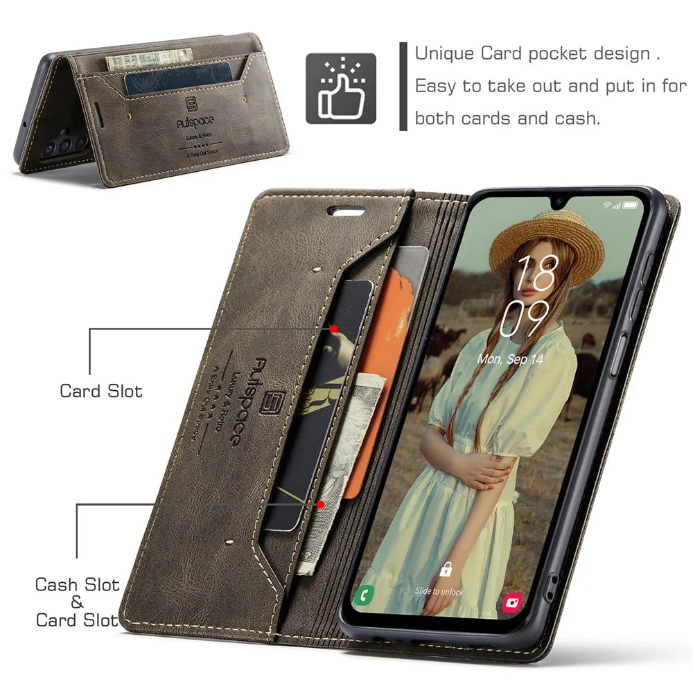 AUTSPACE For Samsung Galaxy A15 5G / Galaxy A15 4G Wallet Case  A01 Leather Stand Cover with RFID Blocking Card Holder - Coffee - 6