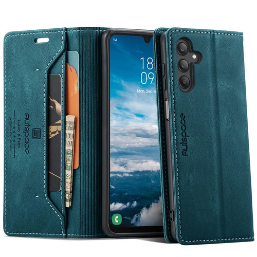 AUTSPACE For Samsung Galaxy A25 5G (Global) (161.0 x 76.5 x 8.3mm) Wallet Case  A01 Leather Stand Cover with RFID Blocking Card Holder - Blue - 1