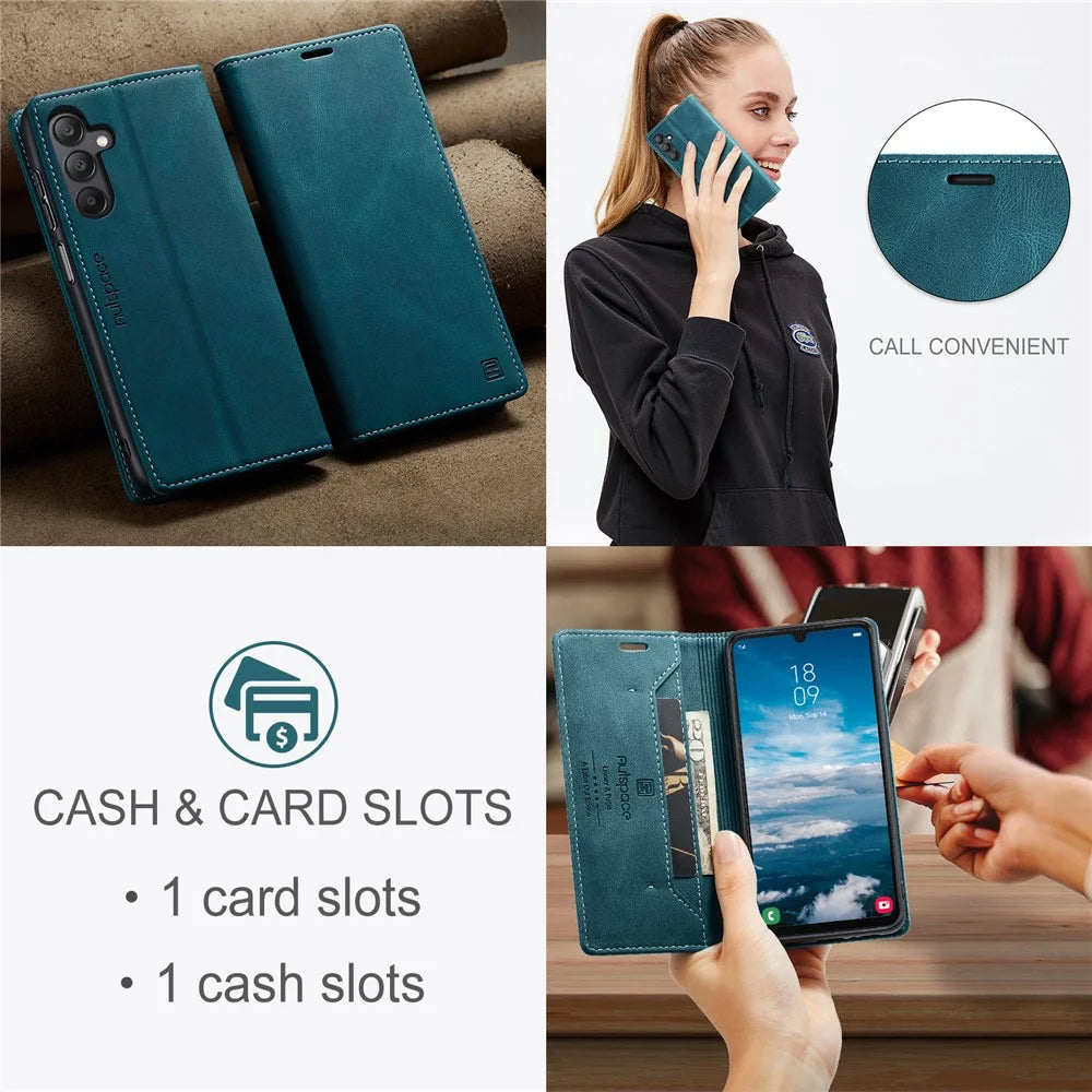 AUTSPACE For Samsung Galaxy A25 5G (Global) (161.0 x 76.5 x 8.3mm) Wallet Case  A01 Leather Stand Cover with RFID Blocking Card Holder - Blue - 5