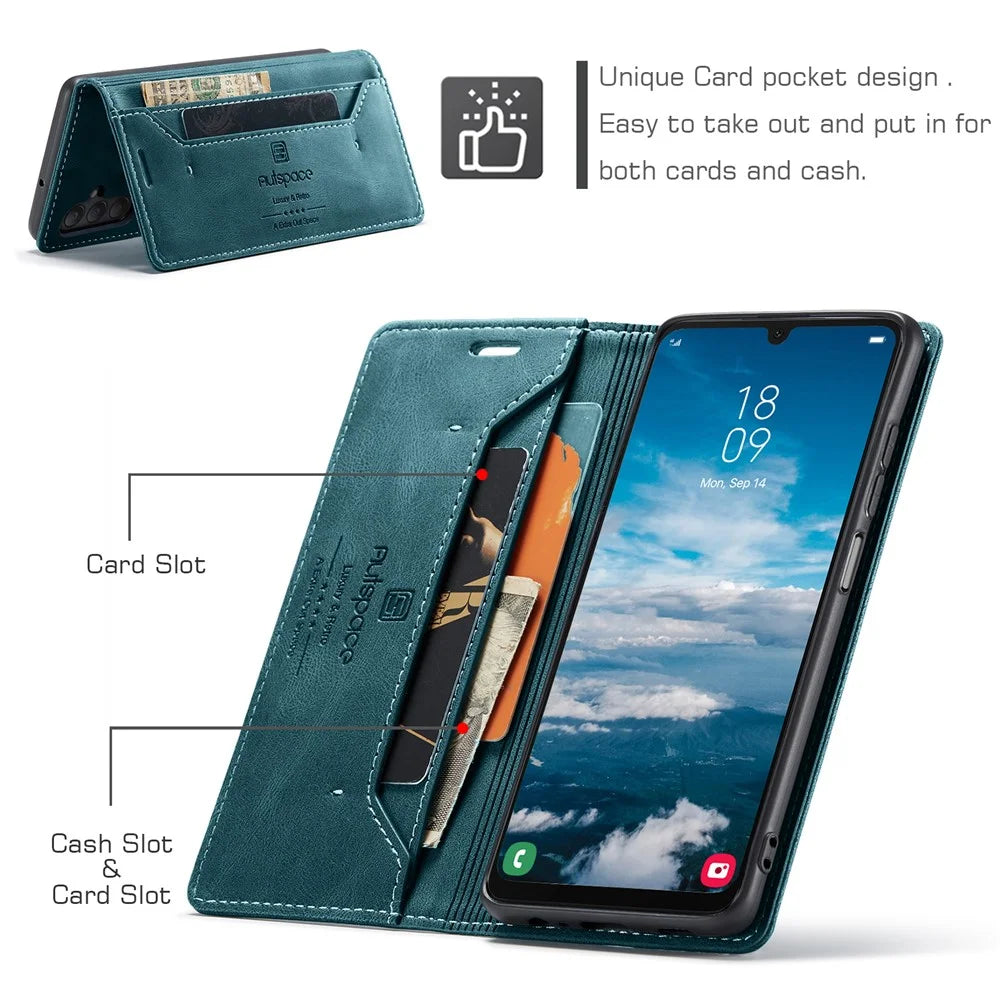 AUTSPACE For Samsung Galaxy A25 5G (Global) (161.0 x 76.5 x 8.3mm) Wallet Case  A01 Leather Stand Cover with RFID Blocking Card Holder - Blue - 6
