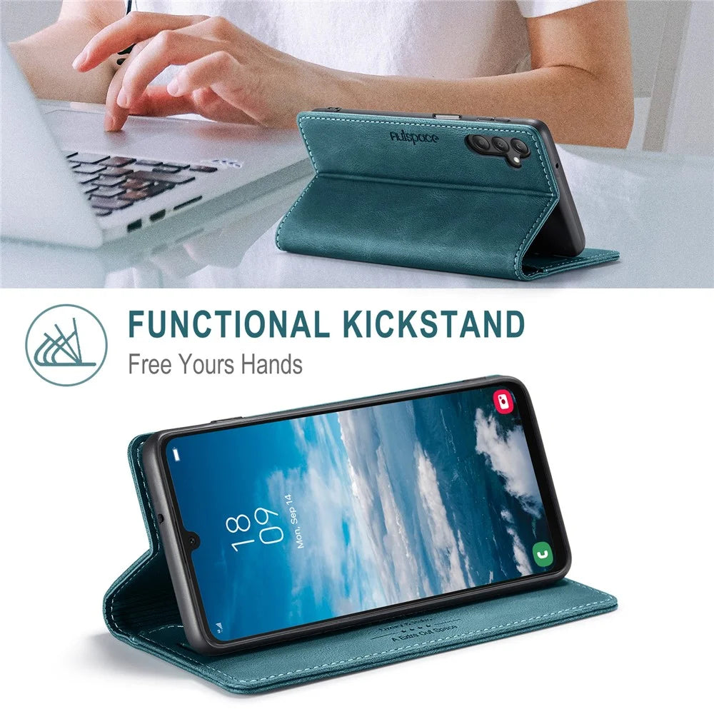 AUTSPACE For Samsung Galaxy A25 5G (Global) (161.0 x 76.5 x 8.3mm) Wallet Case  A01 Leather Stand Cover with RFID Blocking Card Holder - Blue - 7