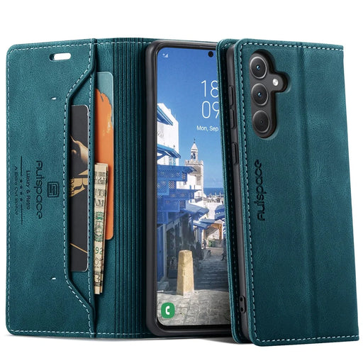 AUTSPACE For Samsung Galaxy A35 5G Wallet Case  A01 Leather Stand Cover with RFID Blocking Card Holder - Blue - 1