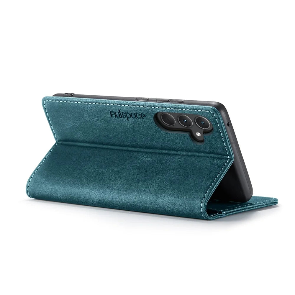AUTSPACE For Samsung Galaxy A35 5G Wallet Case  A01 Leather Stand Cover with RFID Blocking Card Holder - Blue - 3
