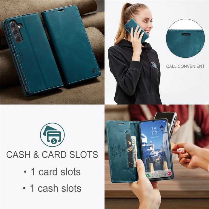 AUTSPACE For Samsung Galaxy A35 5G Wallet Case  A01 Leather Stand Cover with RFID Blocking Card Holder - Blue - 5