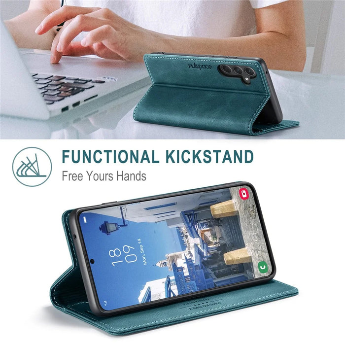AUTSPACE For Samsung Galaxy A35 5G Wallet Case  A01 Leather Stand Cover with RFID Blocking Card Holder - Blue - 6