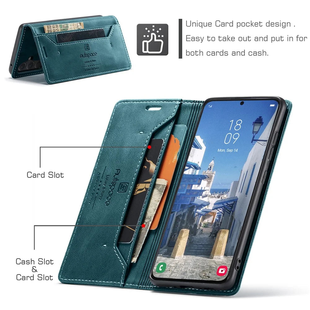 AUTSPACE For Samsung Galaxy A35 5G Wallet Case  A01 Leather Stand Cover with RFID Blocking Card Holder - Blue - 7