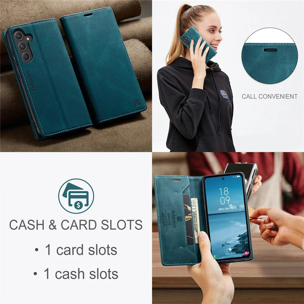 AUTSPACE For Samsung Galaxy A55 5G Wallet Case  A01 Leather Stand Cover with RFID Blocking Card Holder - Blue - 5