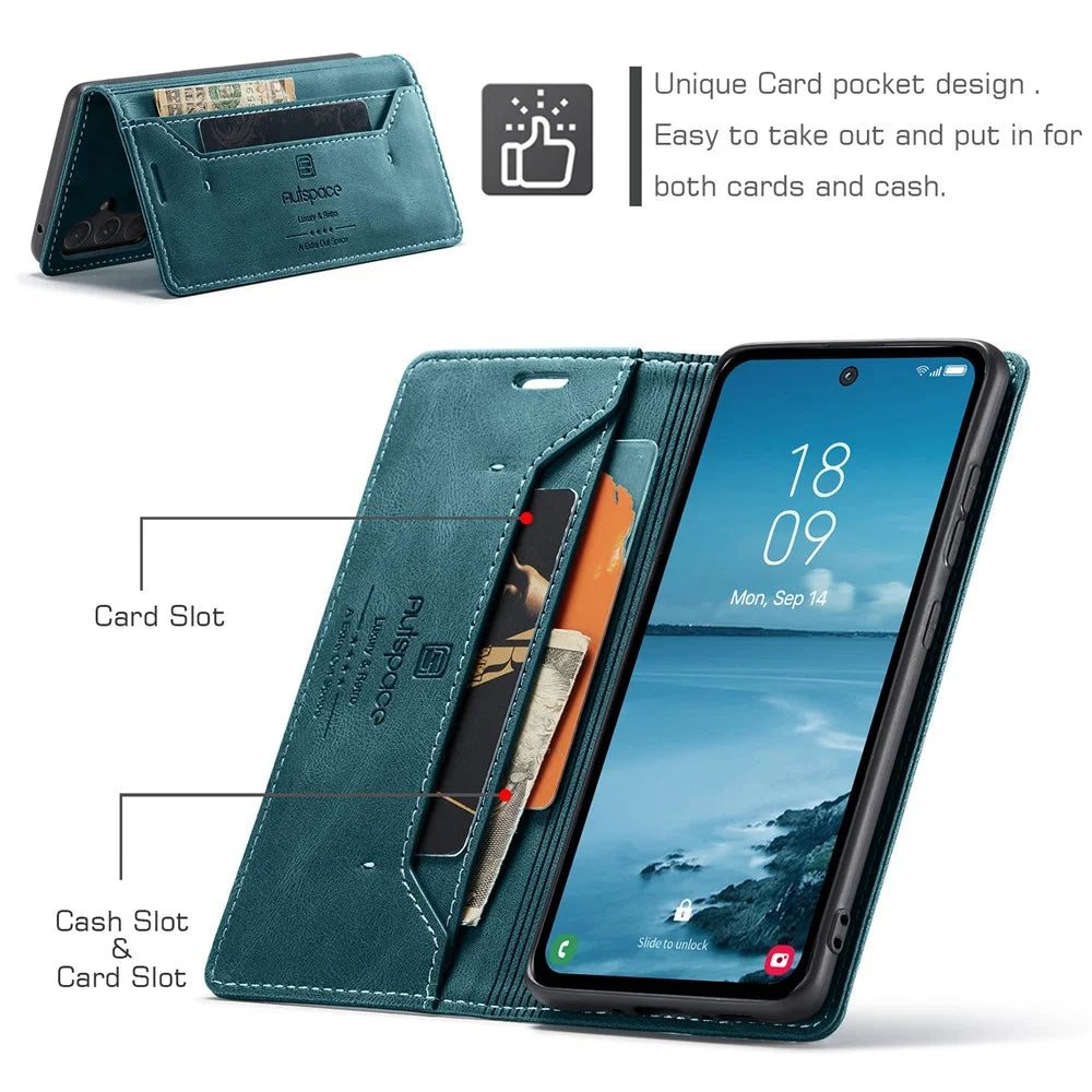 AUTSPACE For Samsung Galaxy A55 5G Wallet Case  A01 Leather Stand Cover with RFID Blocking Card Holder - Blue - 6
