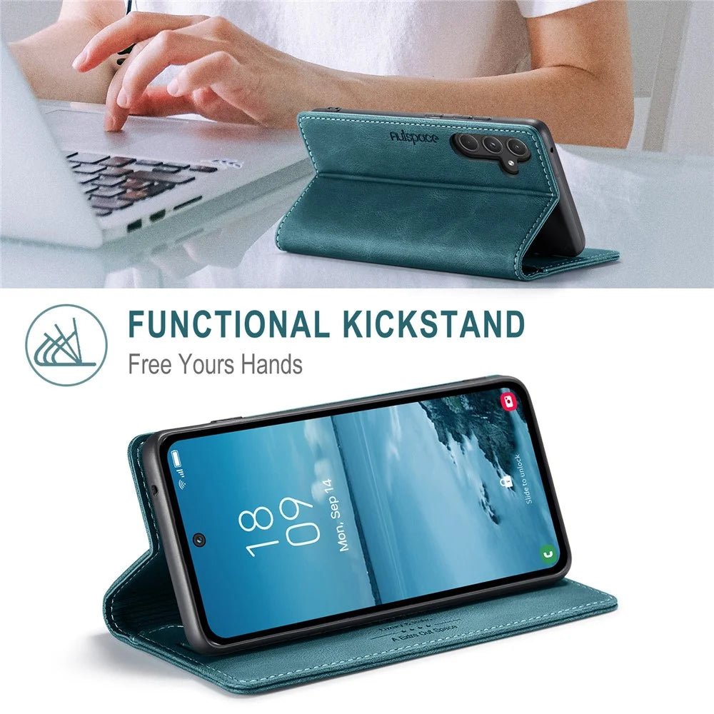AUTSPACE For Samsung Galaxy A55 5G Wallet Case  A01 Leather Stand Cover with RFID Blocking Card Holder - Blue - 7