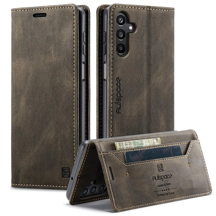 AUTSPACE For Samsung Galaxy A16 5G Wallet Case  A01 Leather Stand Cover with RFID Blocking Card Holder - Coffee - 1