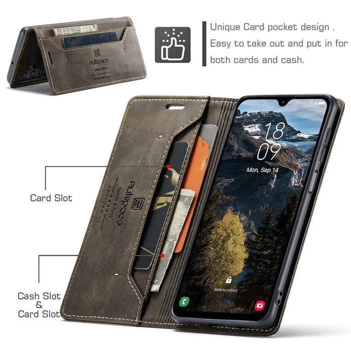 AUTSPACE For Samsung Galaxy A16 5G Wallet Case  A01 Leather Stand Cover with RFID Blocking Card Holder - Coffee - 5