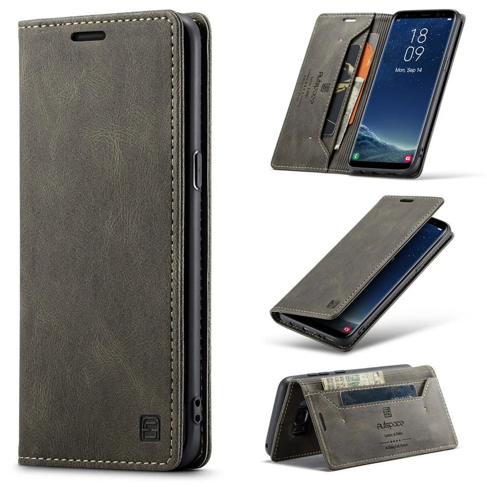 AUTSPACE For Samsung Galaxy S8 Wallet Case  A01 Leather Stand Cover with RFID Blocking Card Holder - Coffee - 1