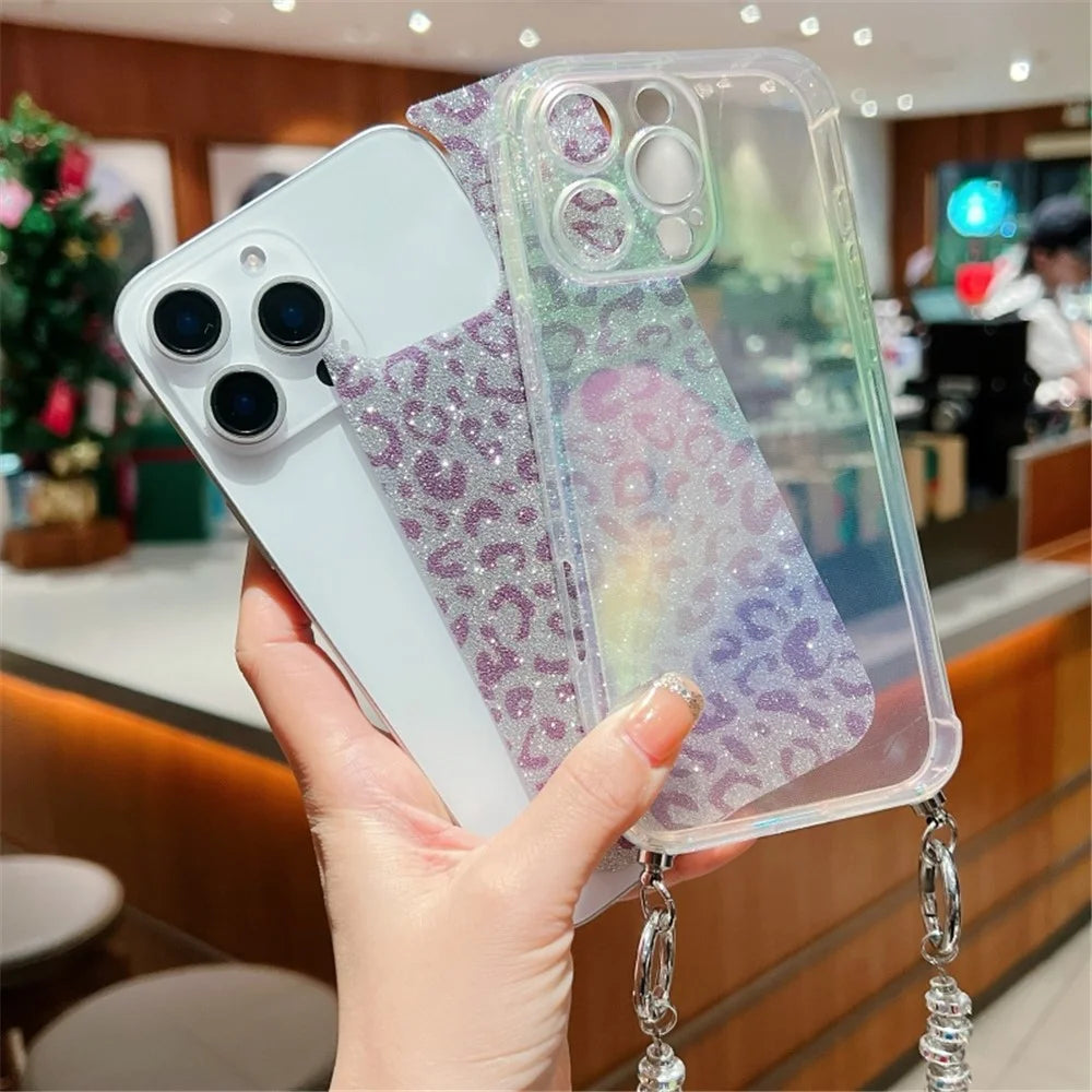 For iPhone 16 Pro Max Case Gradient TPU Phone Back Cover with Glitter Card Rhinestones Decor Strap - Pink - 3
