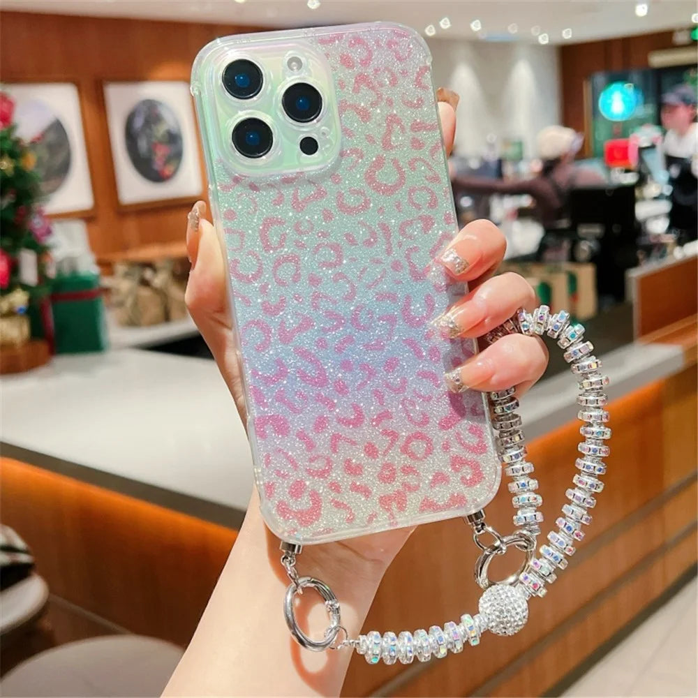 For iPhone 16 Pro Case Gradient TPU Phone Back Cover with Glitter Card Rhinestones Decor Strap - Pink - 1