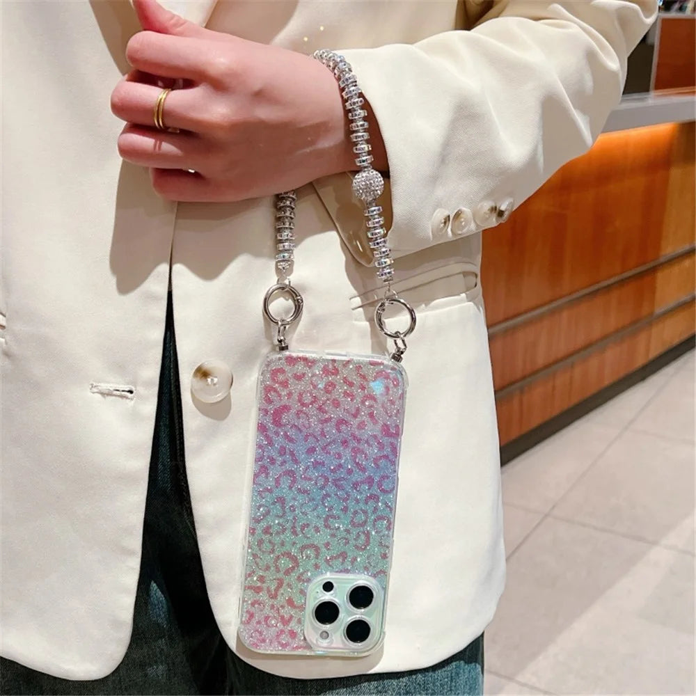 For iPhone 16 Pro Case Gradient TPU Phone Back Cover with Glitter Card Rhinestones Decor Strap - Pink - 2