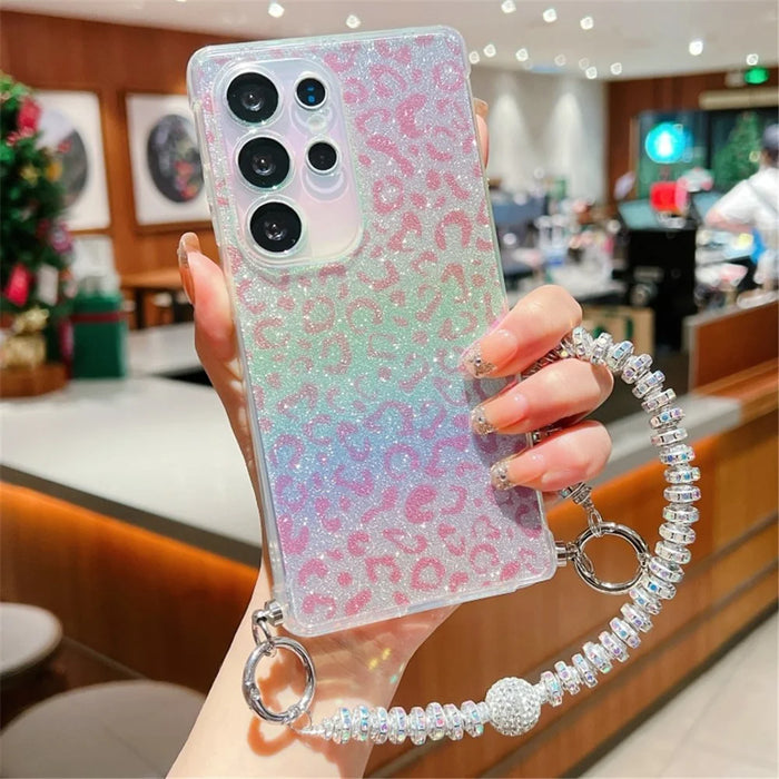 For Samsung Galaxy S24 Ultra Case Gradient TPU Phone Back Cover with Glitter Card Rhinestones Decor Strap - Pink - 1