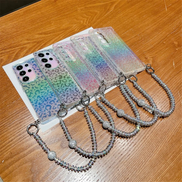 For Samsung Galaxy S24 Ultra Case Gradient TPU Phone Back Cover with Glitter Card Rhinestones Decor Strap - Pink - 7