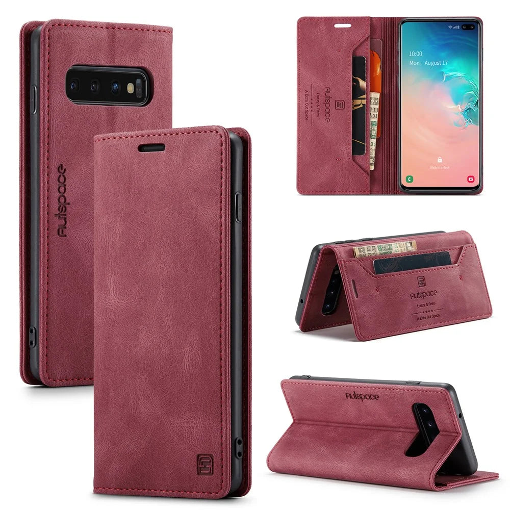 AUTSPACE For Samsung Galaxy S10 Plus Wallet Case  A01 Leather Stand Cover with RFID Blocking Card Holder - Red - 1