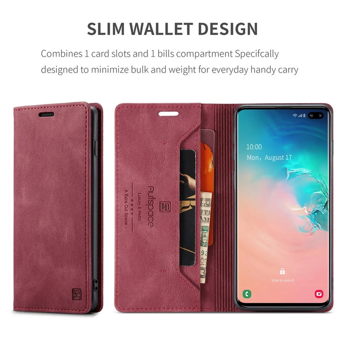 AUTSPACE For Samsung Galaxy S10 Plus Wallet Case  A01 Leather Stand Cover with RFID Blocking Card Holder - Red - 5