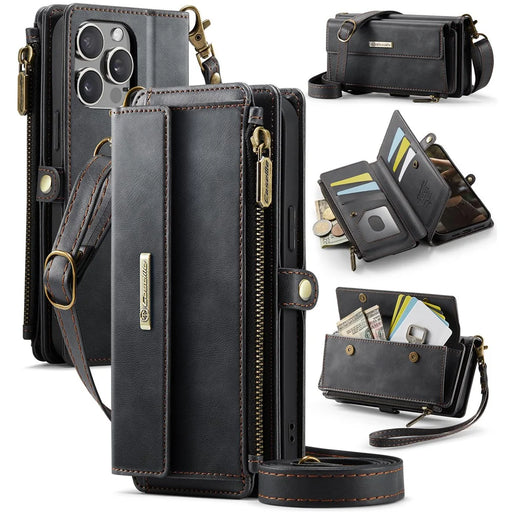CASEME C39 Series For iPhone 13 Pro Max Case RFID Blocking 9 Card Slots Zipper Wallet Stand Leather Cover with Strap - Black - 1