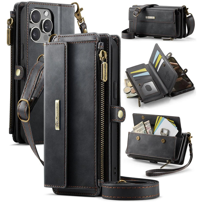 CASEME C39 Series For iPhone 13 Pro Max Case RFID Blocking 9 Card Slots Zipper Wallet Stand Leather Cover with Strap - Black - 1