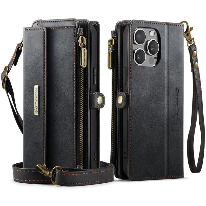 CASEME C39 Series For iPhone 13 Pro Max Case RFID Blocking 9 Card Slots Zipper Wallet Stand Leather Cover with Strap - Black - 2