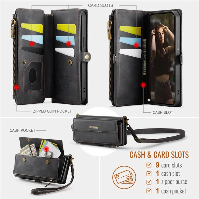 CASEME C39 Series For iPhone 13 Pro Max Case RFID Blocking 9 Card Slots Zipper Wallet Stand Leather Cover with Strap - Black - 3