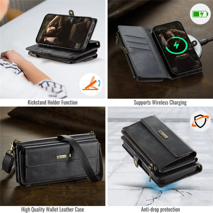 CASEME C39 Series For iPhone 13 Pro Max Case RFID Blocking 9 Card Slots Zipper Wallet Stand Leather Cover with Strap - Black - 6
