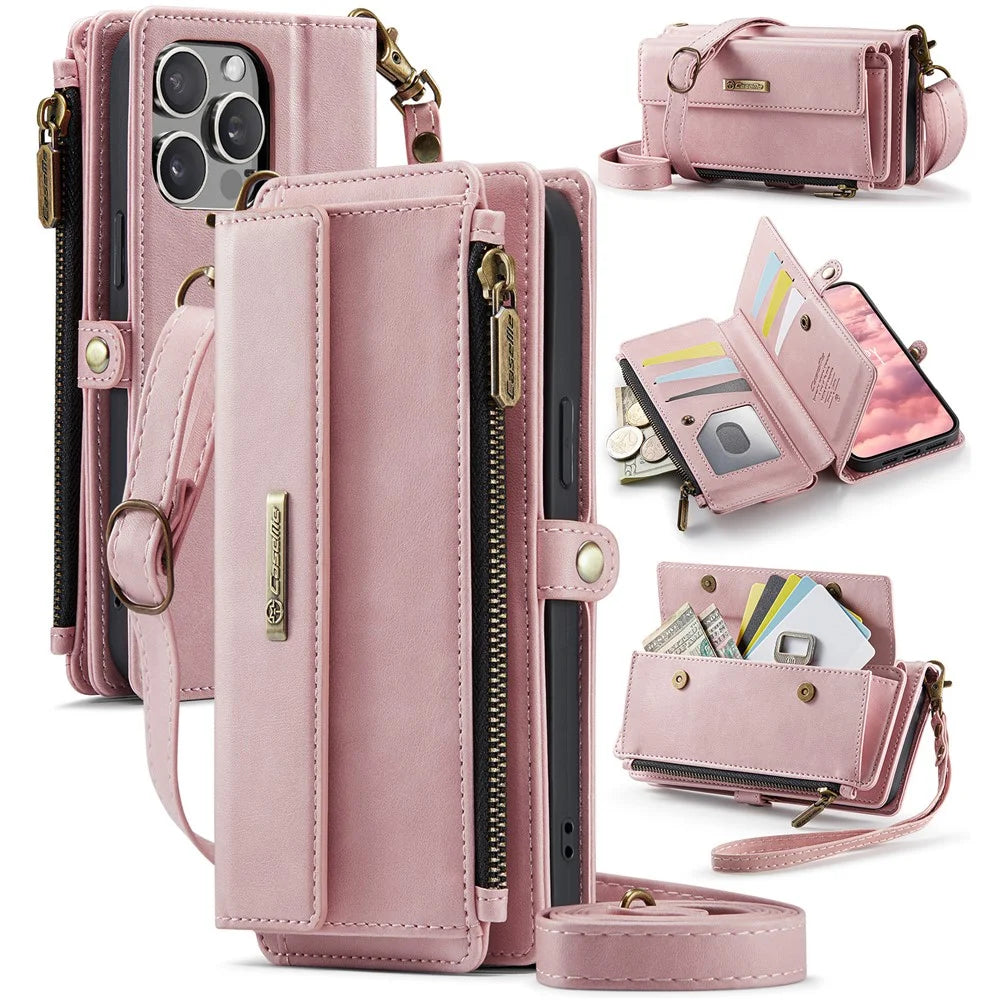 CASEME C39 Series For iPhone 13 Pro Case RFID Blocking 9 Card Slots Zipper Wallet Stand Leather Cover with Strap - Pink - 1