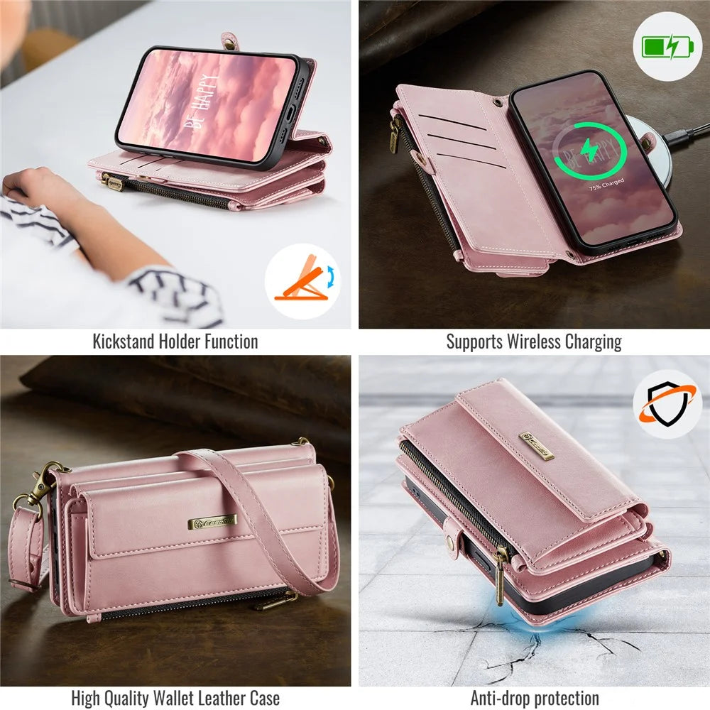 CASEME C39 Series For iPhone 13 Pro Case RFID Blocking 9 Card Slots Zipper Wallet Stand Leather Cover with Strap - Pink - 6