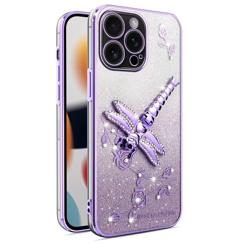 KADEM For iPhone 16 Pro Max Case Dragonfly Kickstand TPU Flowers Glitter Phone Cover - Purple - 1