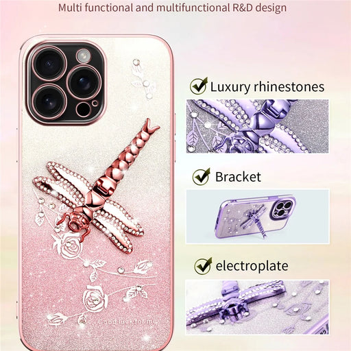 KADEM For iPhone 16 Pro Max Case Dragonfly Kickstand TPU Flowers Glitter Phone Cover - Purple - 2