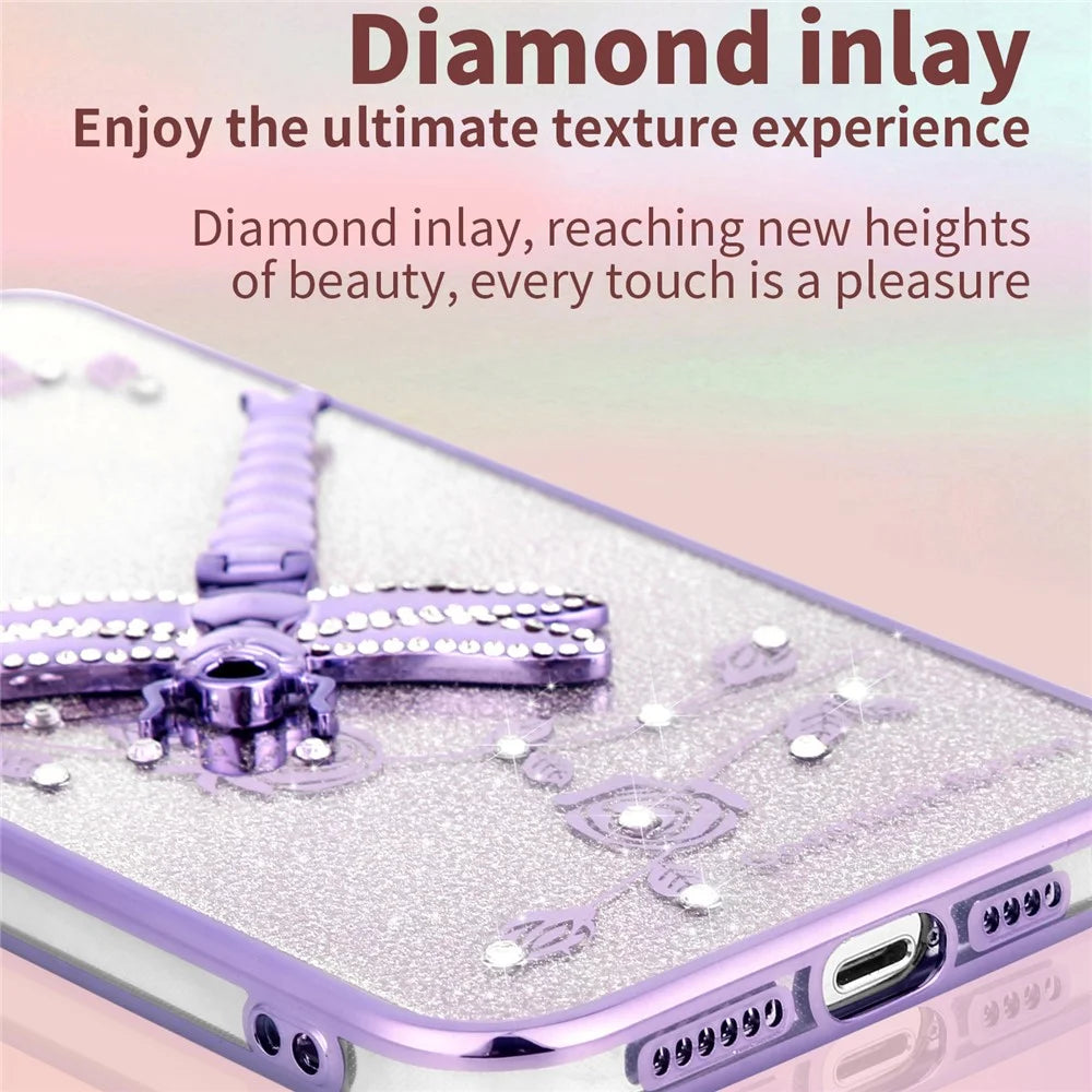 KADEM For iPhone 16 Pro Max Case Dragonfly Kickstand TPU Flowers Glitter Phone Cover - Purple - 3
