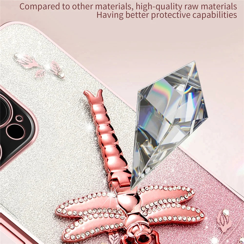 KADEM For iPhone 16 Pro Max Case Dragonfly Kickstand TPU Flowers Glitter Phone Cover - Purple - 4