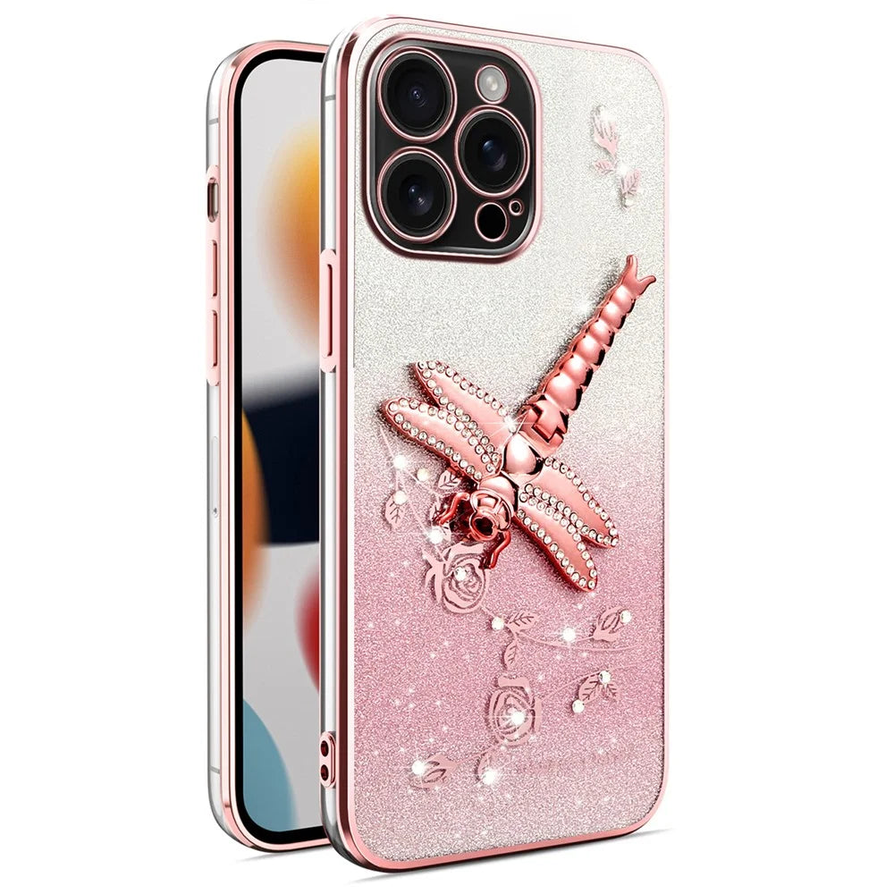 KADEM For iPhone 16 Pro Case Dragonfly Kickstand TPU Flowers Glitter Phone Cover - Pink - 1