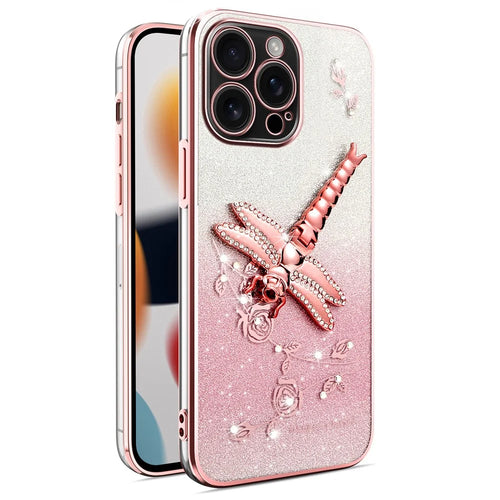 KADEM For iPhone 16 Pro Case Dragonfly Kickstand TPU Flowers Glitter Phone Cover - Pink - 1