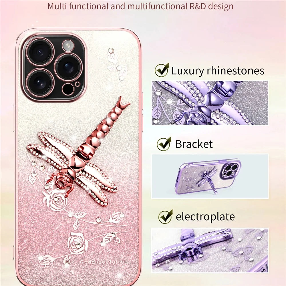 KADEM For iPhone 16 Pro Case Dragonfly Kickstand TPU Flowers Glitter Phone Cover - Pink - 2