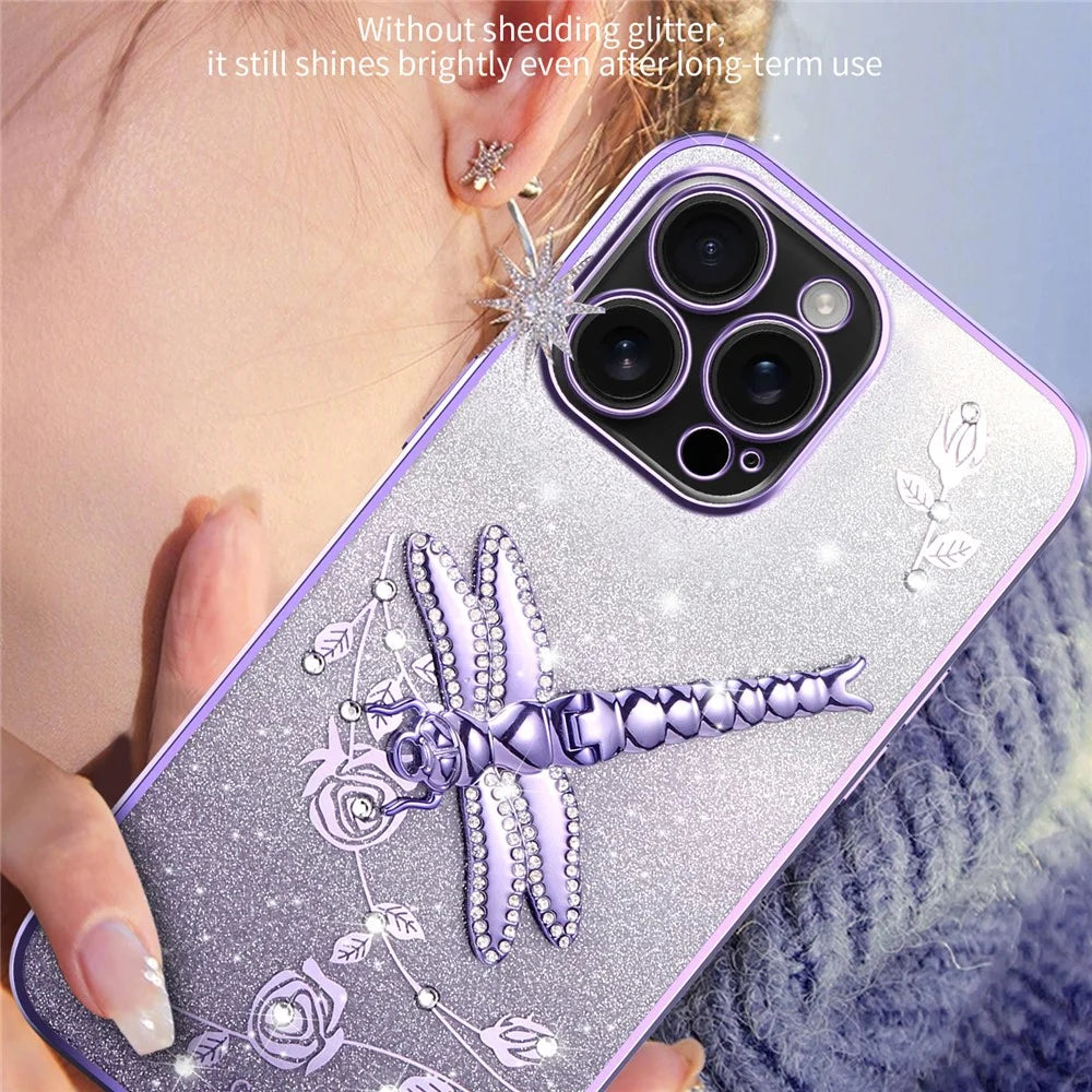 KADEM For iPhone 16 Pro Case Dragonfly Kickstand TPU Flowers Glitter Phone Cover - Pink - 5