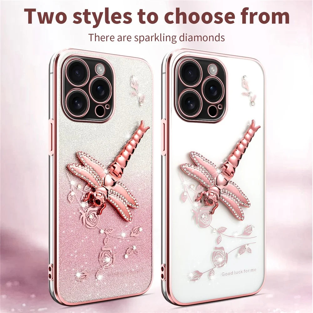 KADEM For iPhone 16 Pro Case Dragonfly Kickstand TPU Flowers Glitter Phone Cover - Pink - 6
