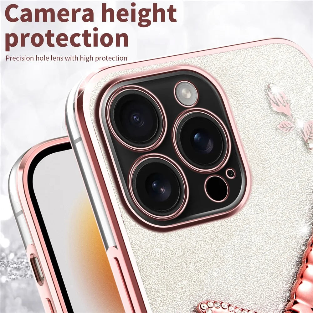 KADEM For iPhone 16 Pro Case Dragonfly Kickstand TPU Flowers Glitter Phone Cover - Pink - 7