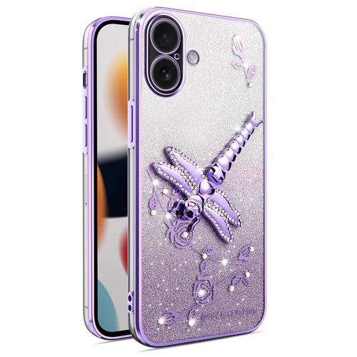 KADEM For iPhone 16 Plus Case Dragonfly Kickstand TPU Flowers Glitter Phone Cover - Purple - 1