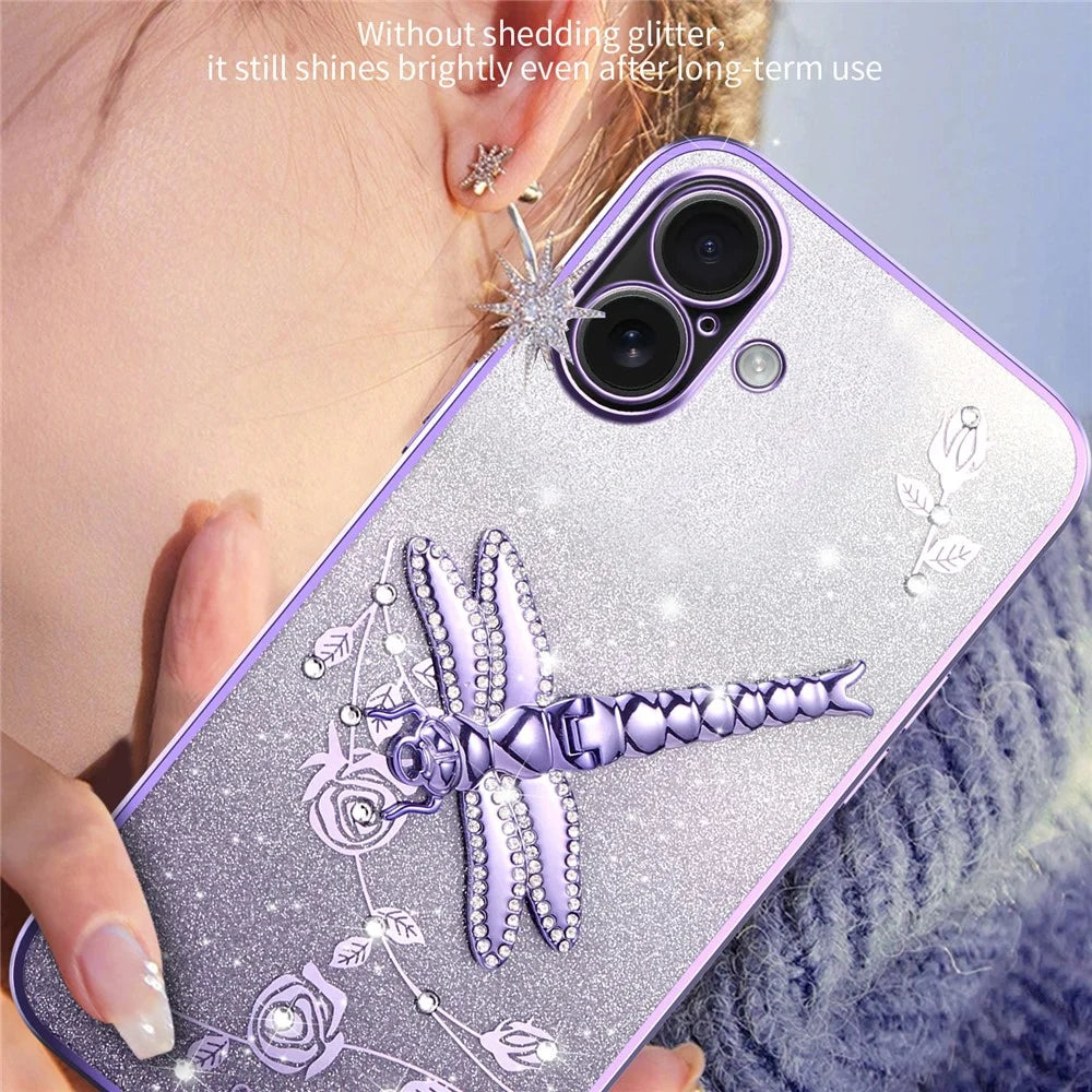 KADEM For iPhone 16 Plus Case Dragonfly Kickstand TPU Flowers Glitter Phone Cover - Purple - 5