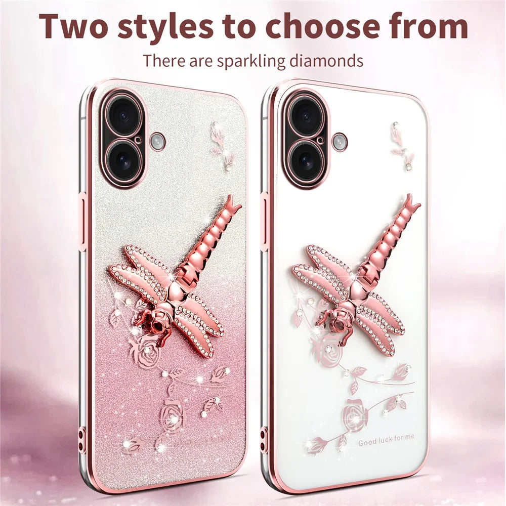KADEM For iPhone 16 Plus Case Dragonfly Kickstand TPU Flowers Glitter Phone Cover - Purple - 6