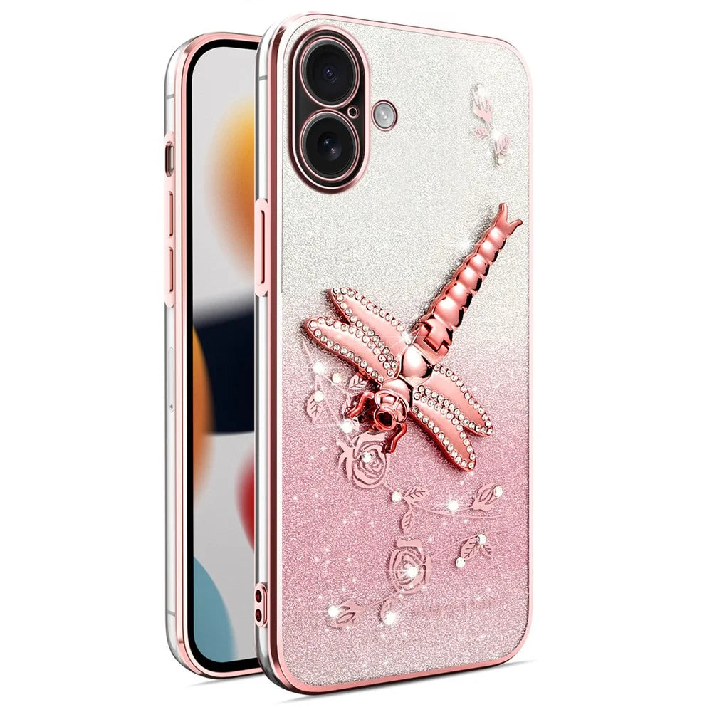 KADEM For iPhone 16 Case Dragonfly Kickstand TPU Flowers Glitter Phone Cover - Pink - 1