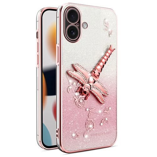 KADEM For iPhone 16 Case Dragonfly Kickstand TPU Flowers Glitter Phone Cover - Pink - 1