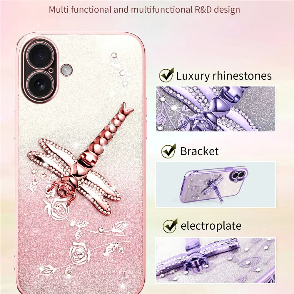 KADEM For iPhone 16 Case Dragonfly Kickstand TPU Flowers Glitter Phone Cover - Pink - 2