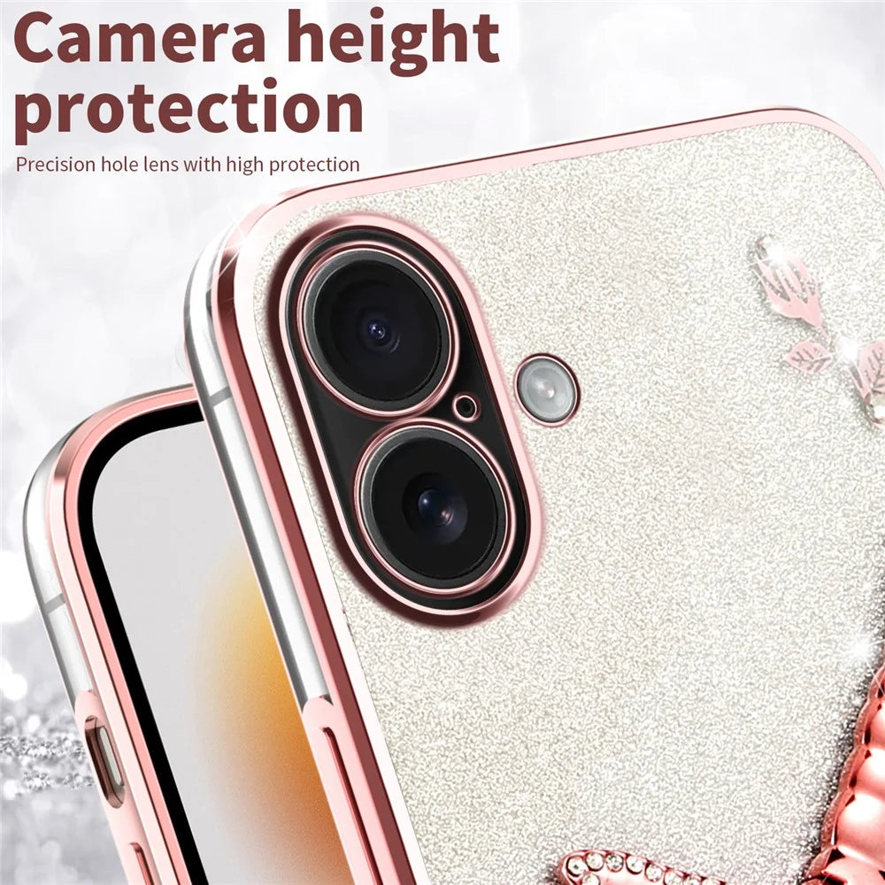 KADEM For iPhone 16 Case Dragonfly Kickstand TPU Flowers Glitter Phone Cover - Pink - 7