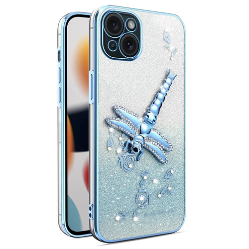 KADEM For iPhone 15 Case Dragonfly Kickstand TPU Flowers Glitter Phone Cover - Blue - 1