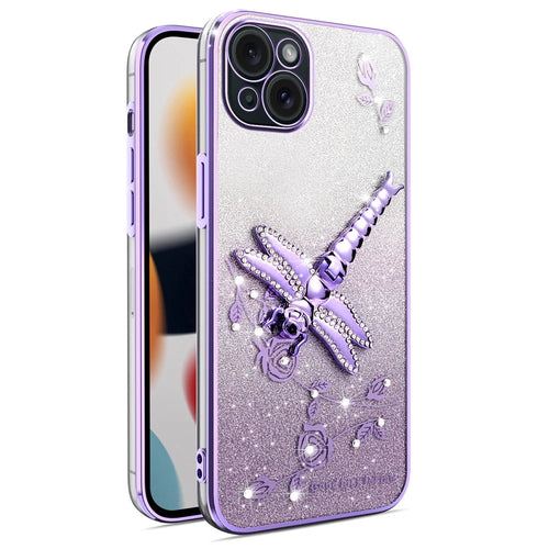 KADEM For iPhone 14 Case Dragonfly Kickstand TPU Flowers Glitter Phone Cover - Purple - 1