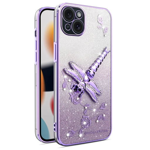 KADEM For iPhone 14 Case Dragonfly Kickstand TPU Flowers Glitter Phone Cover - Purple - 1